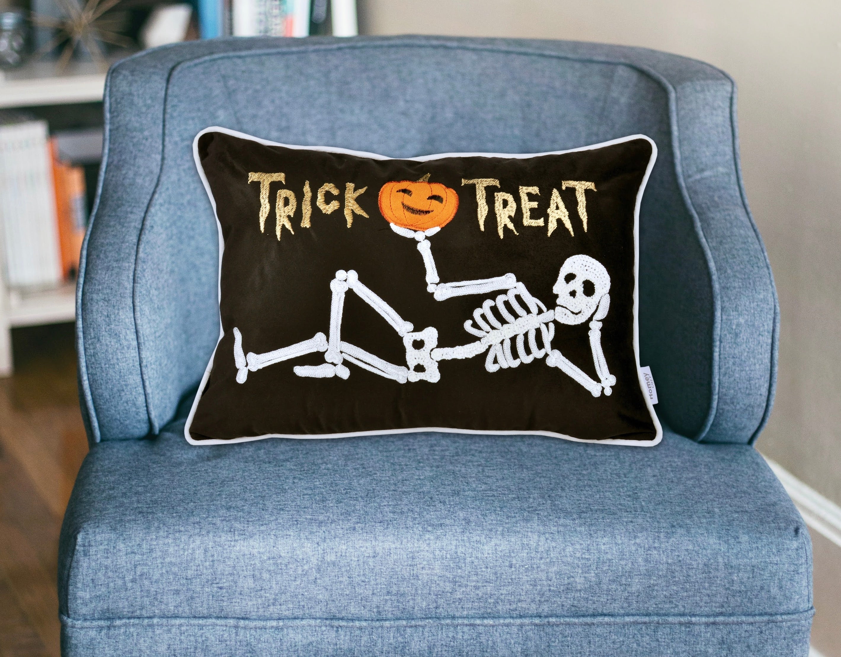Trick or Treat Skeleton Velvet Throw Pillow
