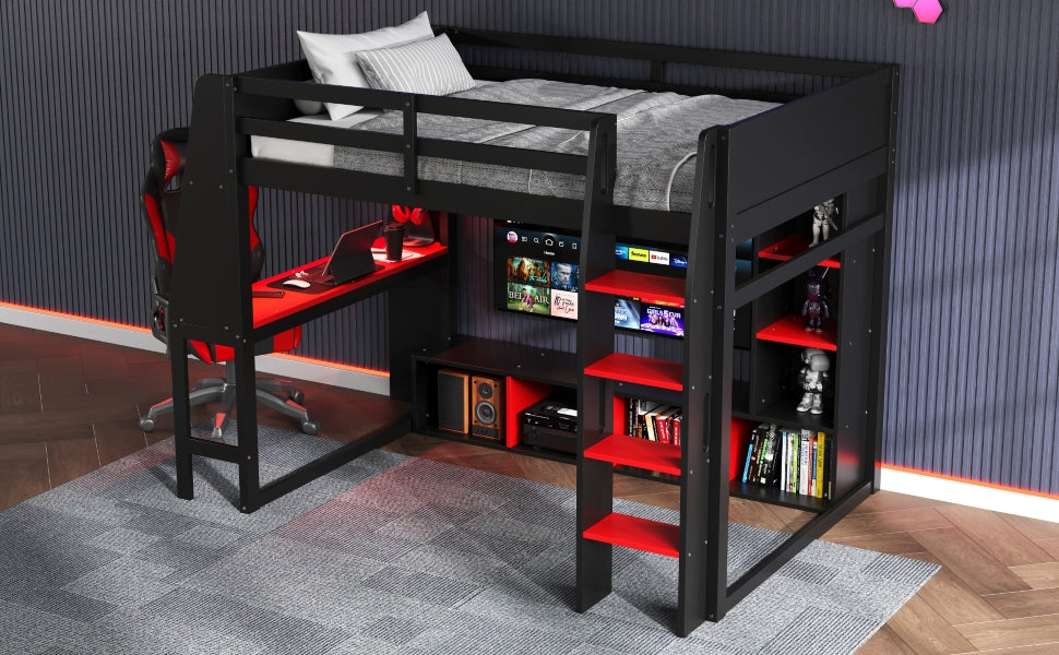 Wood Twin Size Gaming Loft Bed with Desk, Multi-storage Shelves, LED and a Hanging Clothes Rack