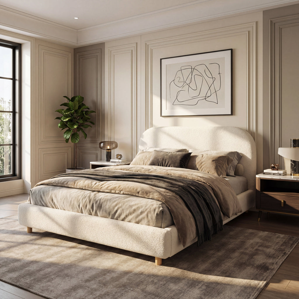 Queen Size Upholstered Bed With Boucle Fabric
