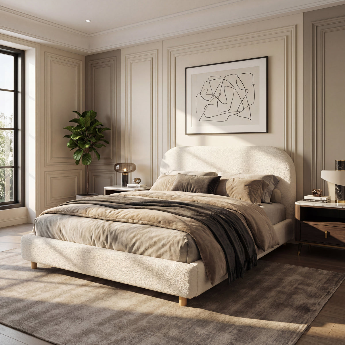 Queen Size Upholstered Bed With Boucle Fabric