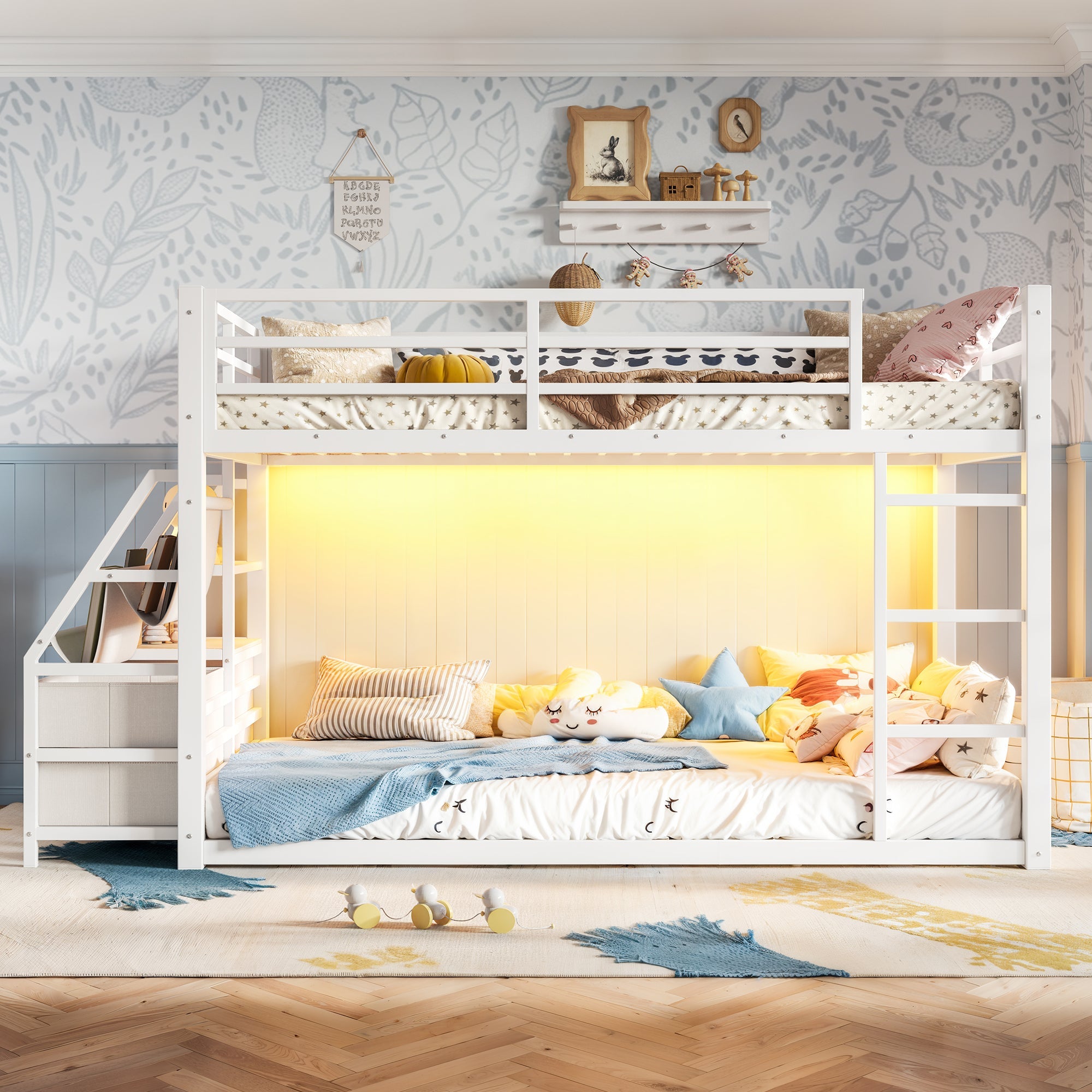Twin Over Twin Bunk Bed with Storage Shelves and LED Lights