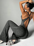 European And American Cross-Border Leopard Print Cross-Back Seamless Flared Yoga Jumpsuit For Fitness And Leisure