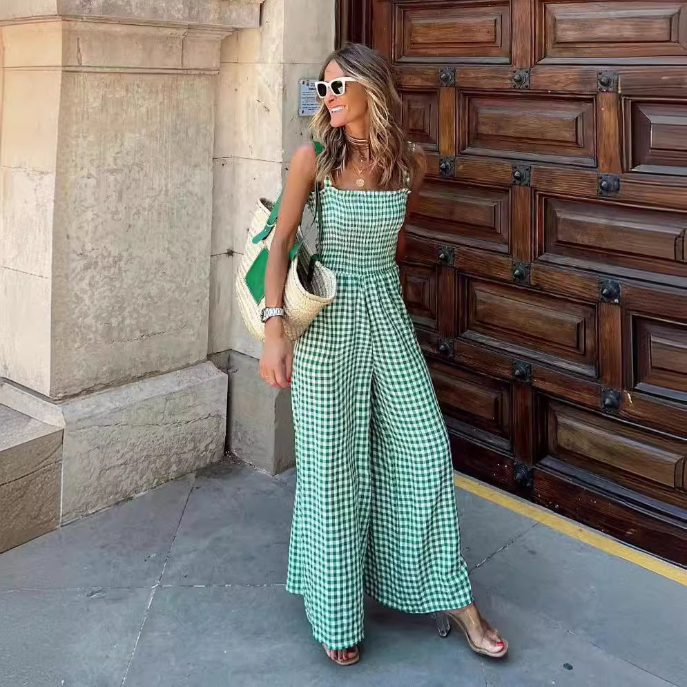 Cross-Border Independent Station Amazon 2022 Summer Elegant Women's Pants Plaid Jumpsuit Mid-Waist Casual Pants