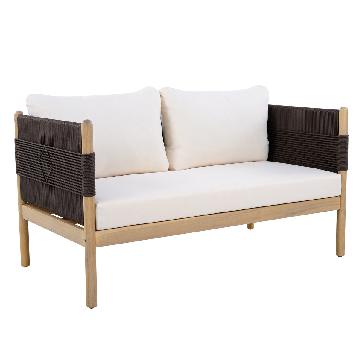 Outdoor Acacia Wood Loveseat with Diamond Rope Weave & Cushions, Light Teak