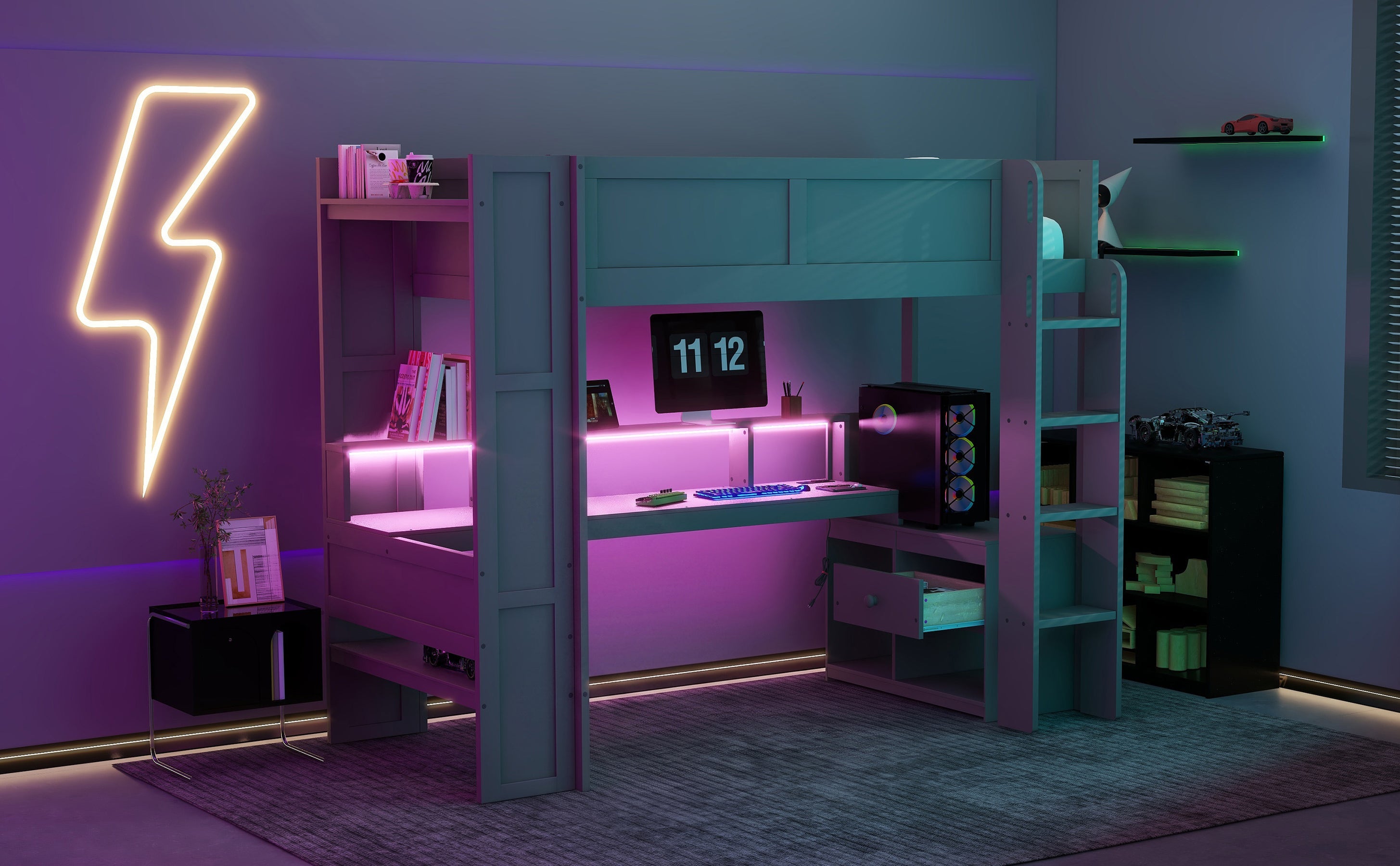 Wood Twin Size Gaming Loft Bed with Desk, Multi-storage Shelves, LED and Charging Station