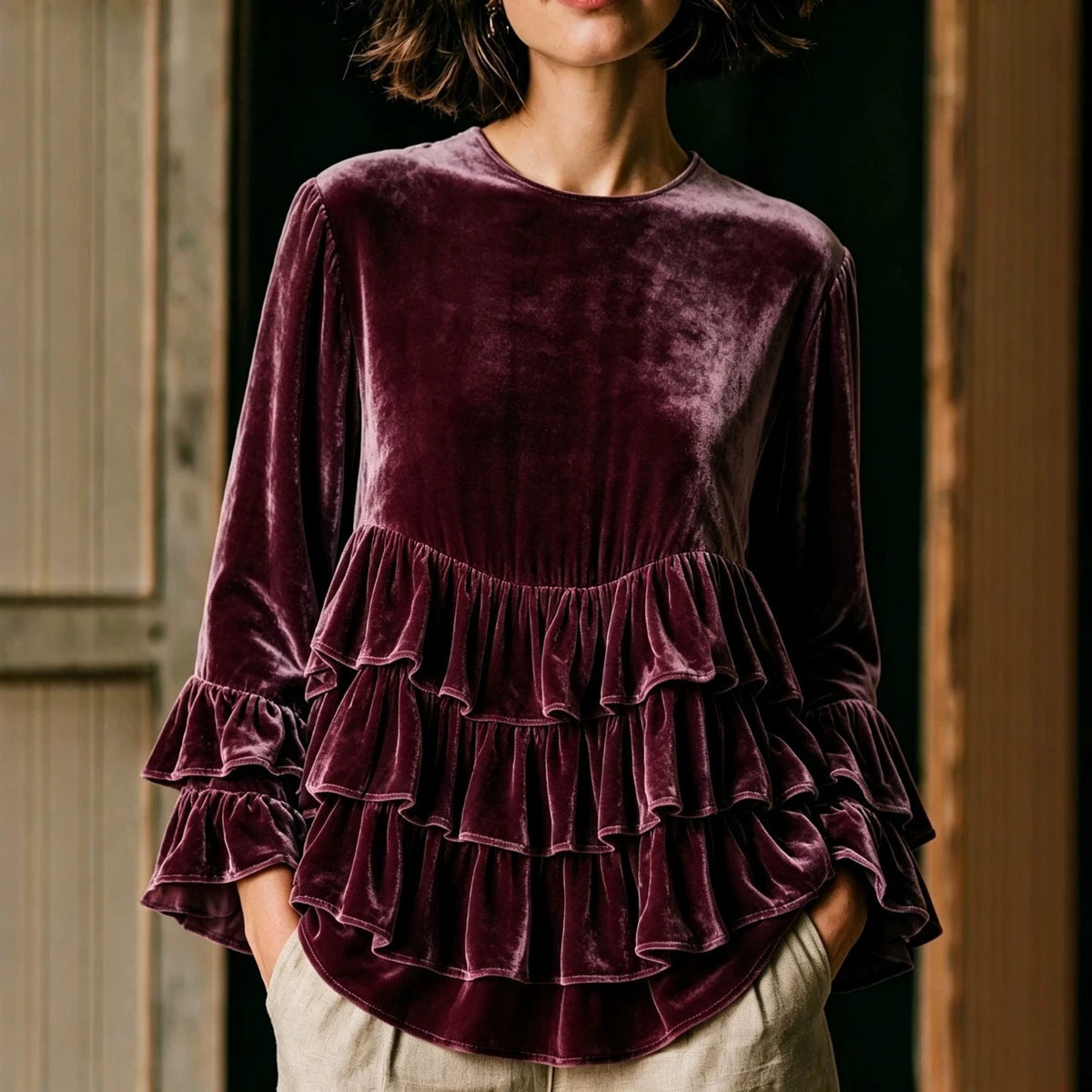Womens Long-Sleeve Solid-Color Crew-Neck Ruffle-Trim Casual Loose-Fit Top