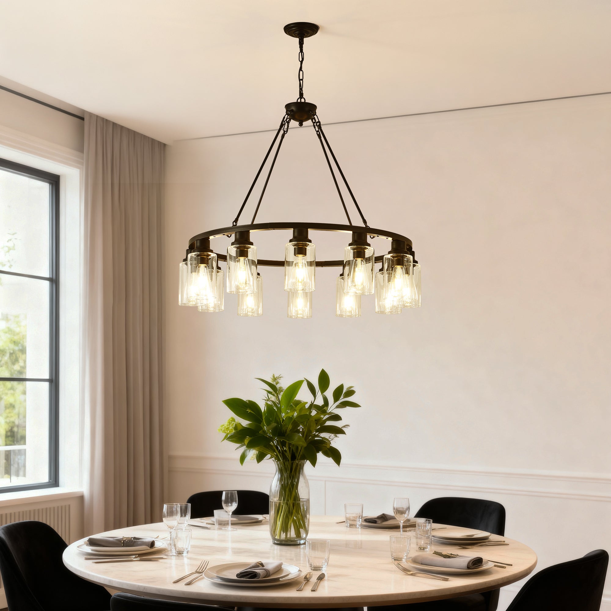 Black Wagon Wheel Chandelier - 34.5 Inch Modern Farmhouse