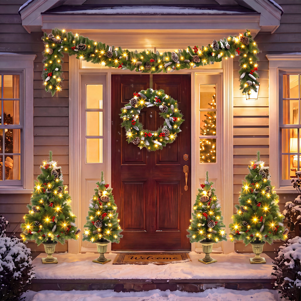 6-Piece Christmas Tree Set – 4 Trees, Wreath, and Garland