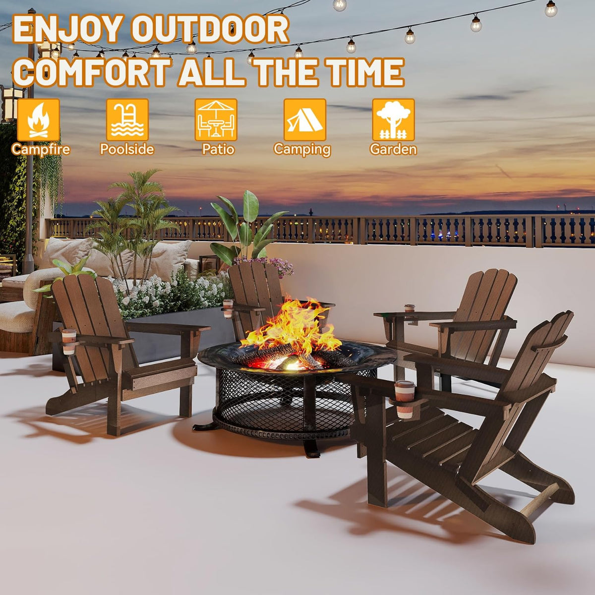 Folding HDPE Adirondack Chair with Cup Holder - Brown