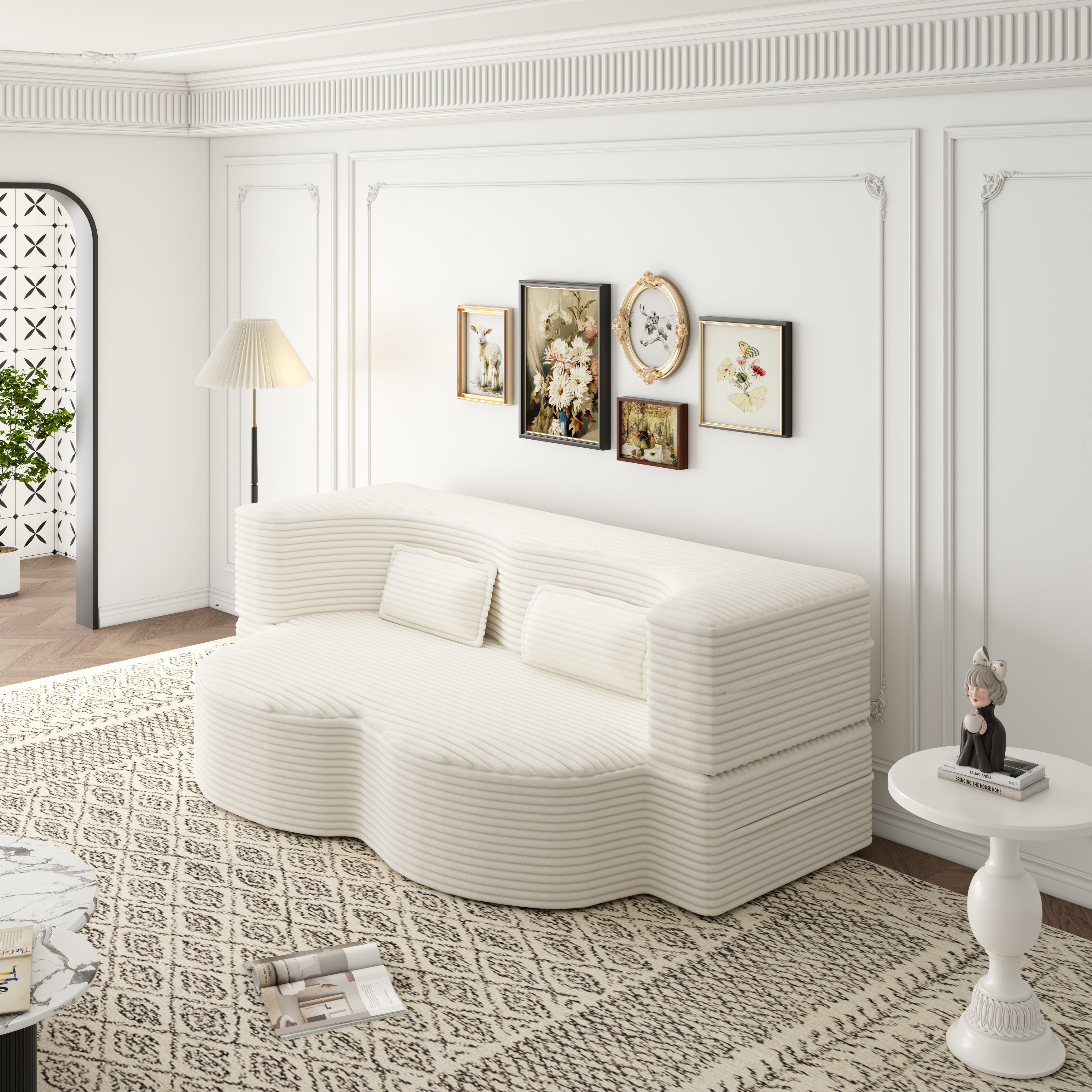 Modern Floor Sofa with 2 Pillows - Convertible Plush Sofa Bed