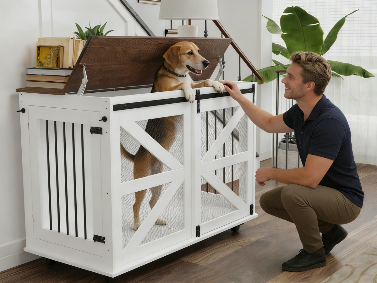 47.2" Mobile Dog Crate with Flip-Top Feeding Door