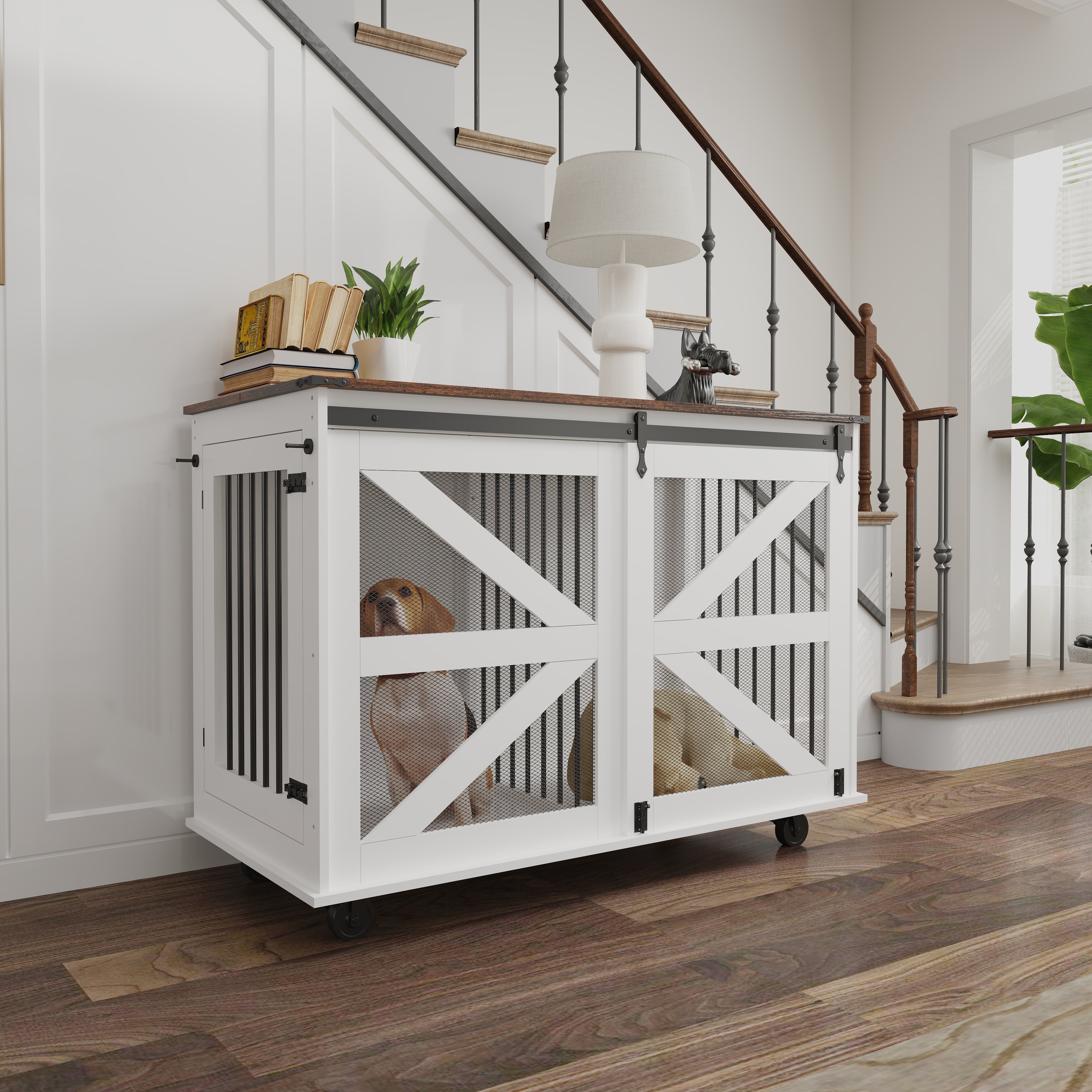 47.2" Mobile Dog Crate with Flip-Top Feeding Door