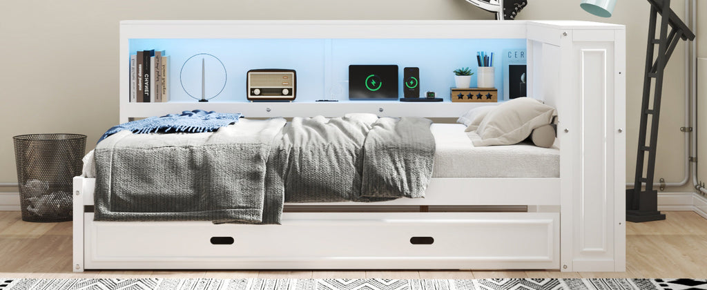 Full Size Wood Daybed with Storage Shelves, USB, LED, and Trundle