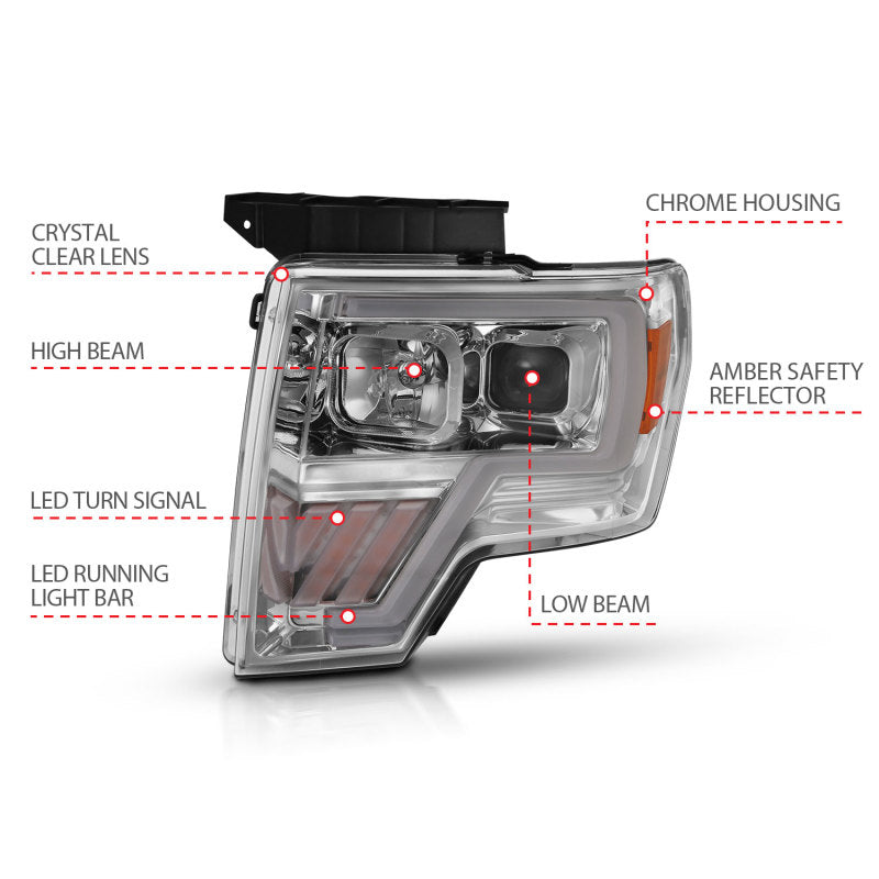 ANZO 2009-2014 Ford F-150 Projector Headlight Chrome Amber 111446