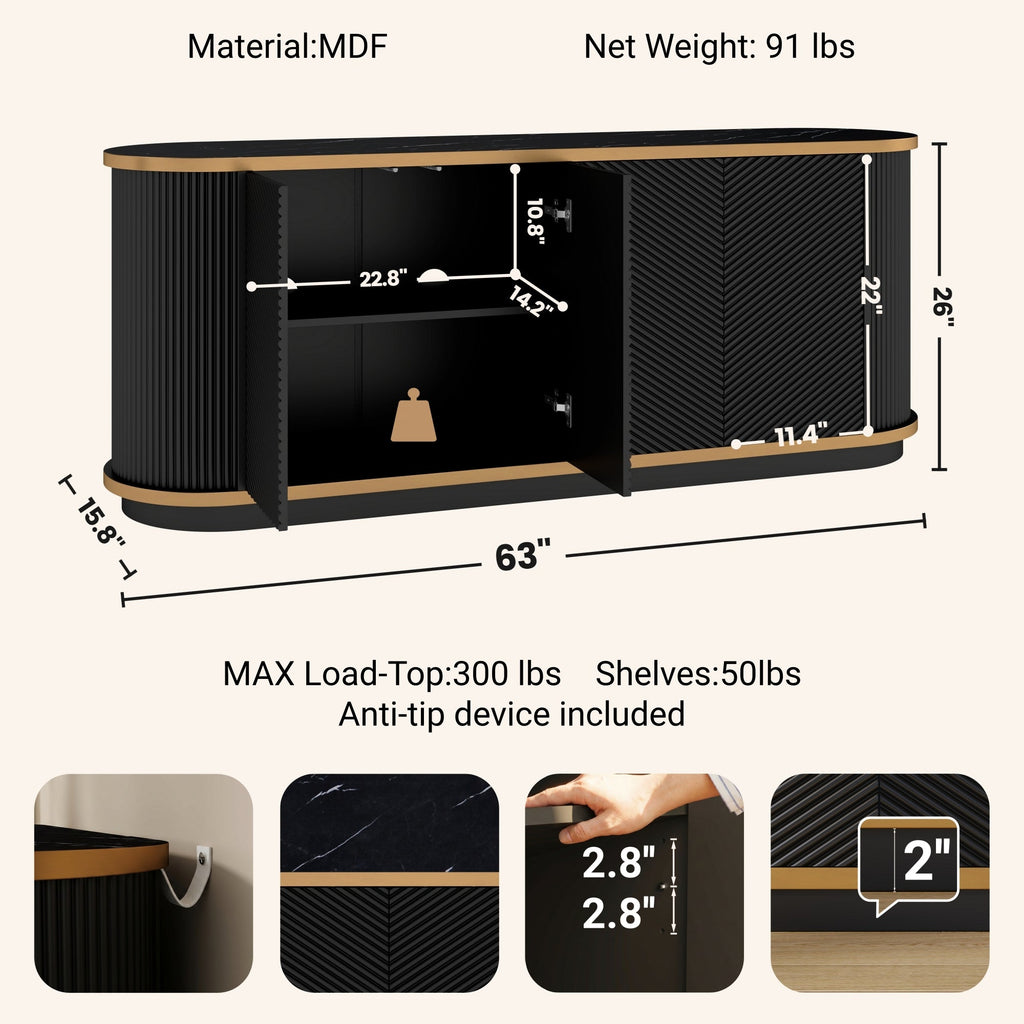 63" Diagonal Fluted Sideboard Cabinet with Storage