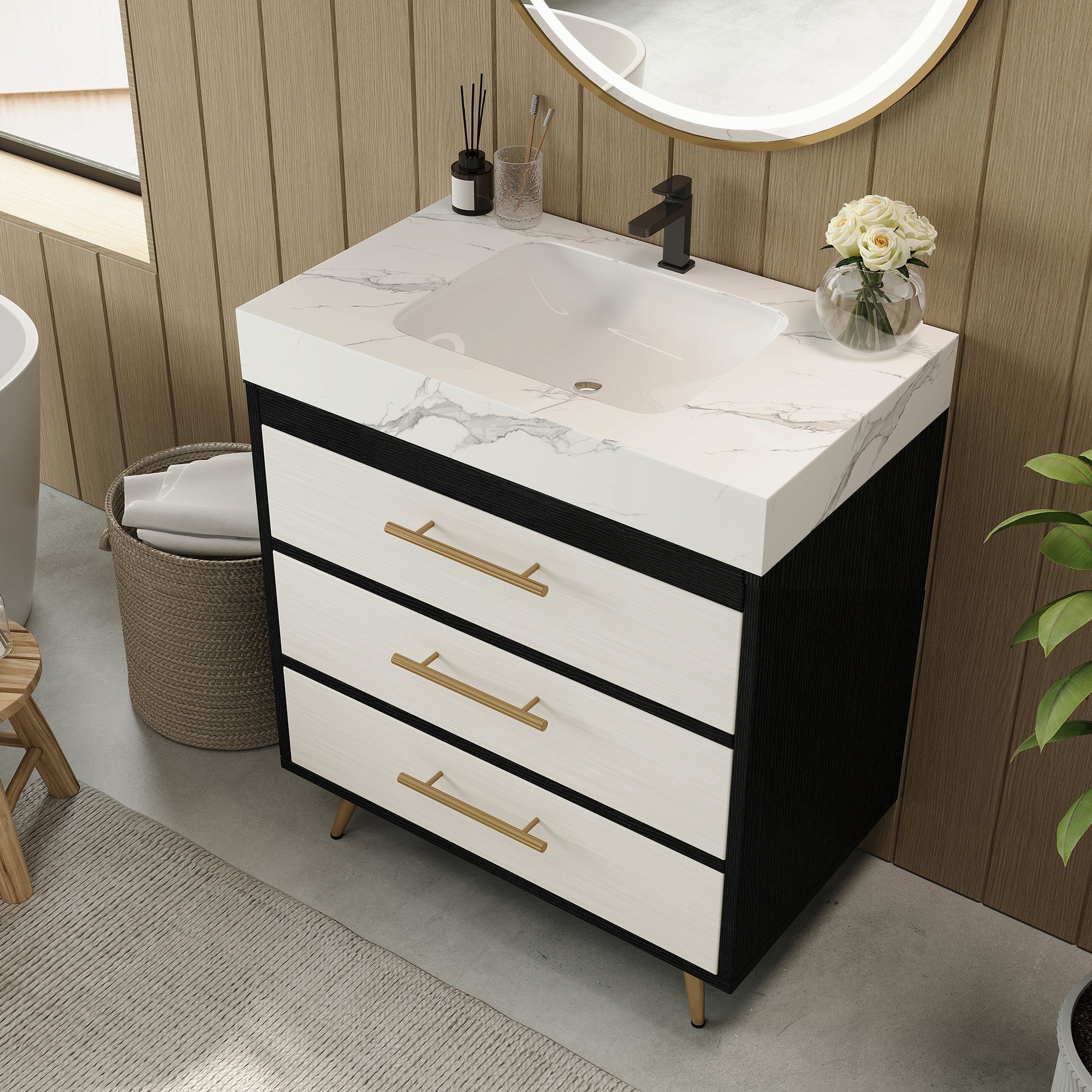 Modern Free-Standing Bathroom Vanity with Ceramic Vessel Sink