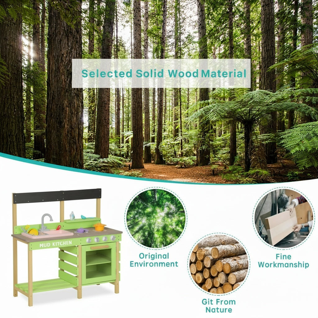 Kids Play Kitchen - Wood Mud Kitchen with Water Play Set