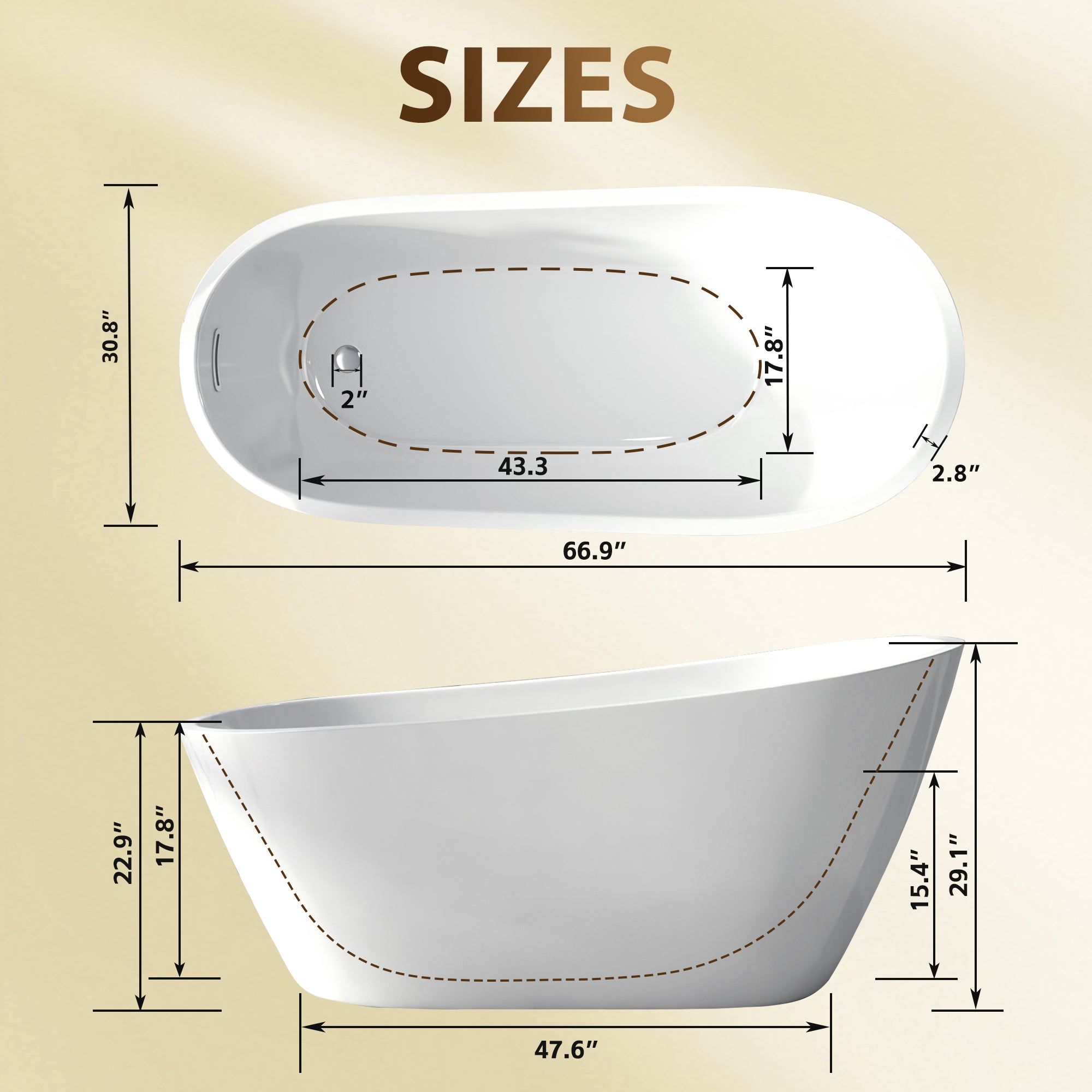 67" Freestanding Slipper Bathtub