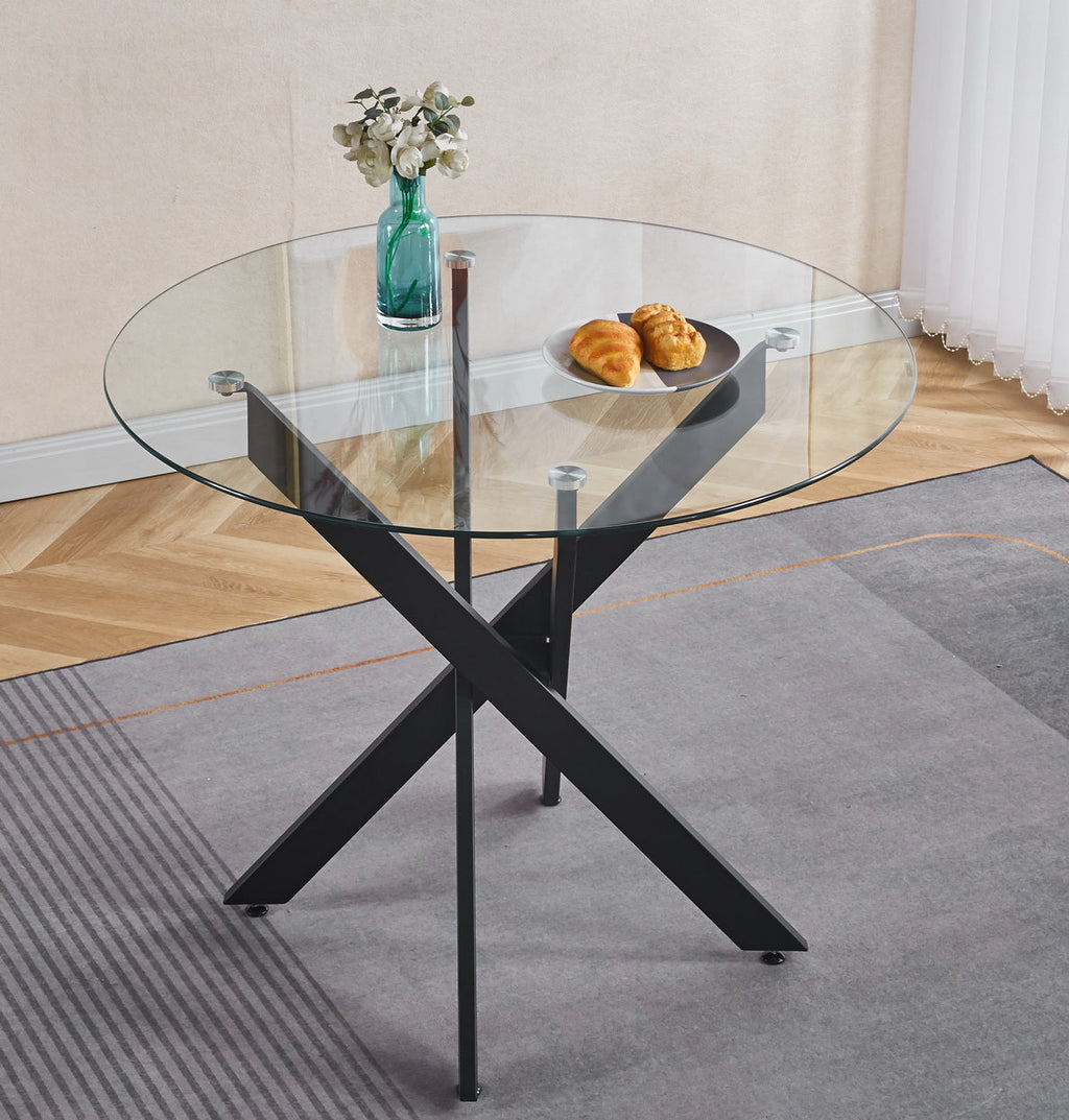 Black Dining Table with Cross Metal Leg and Tempered Glass