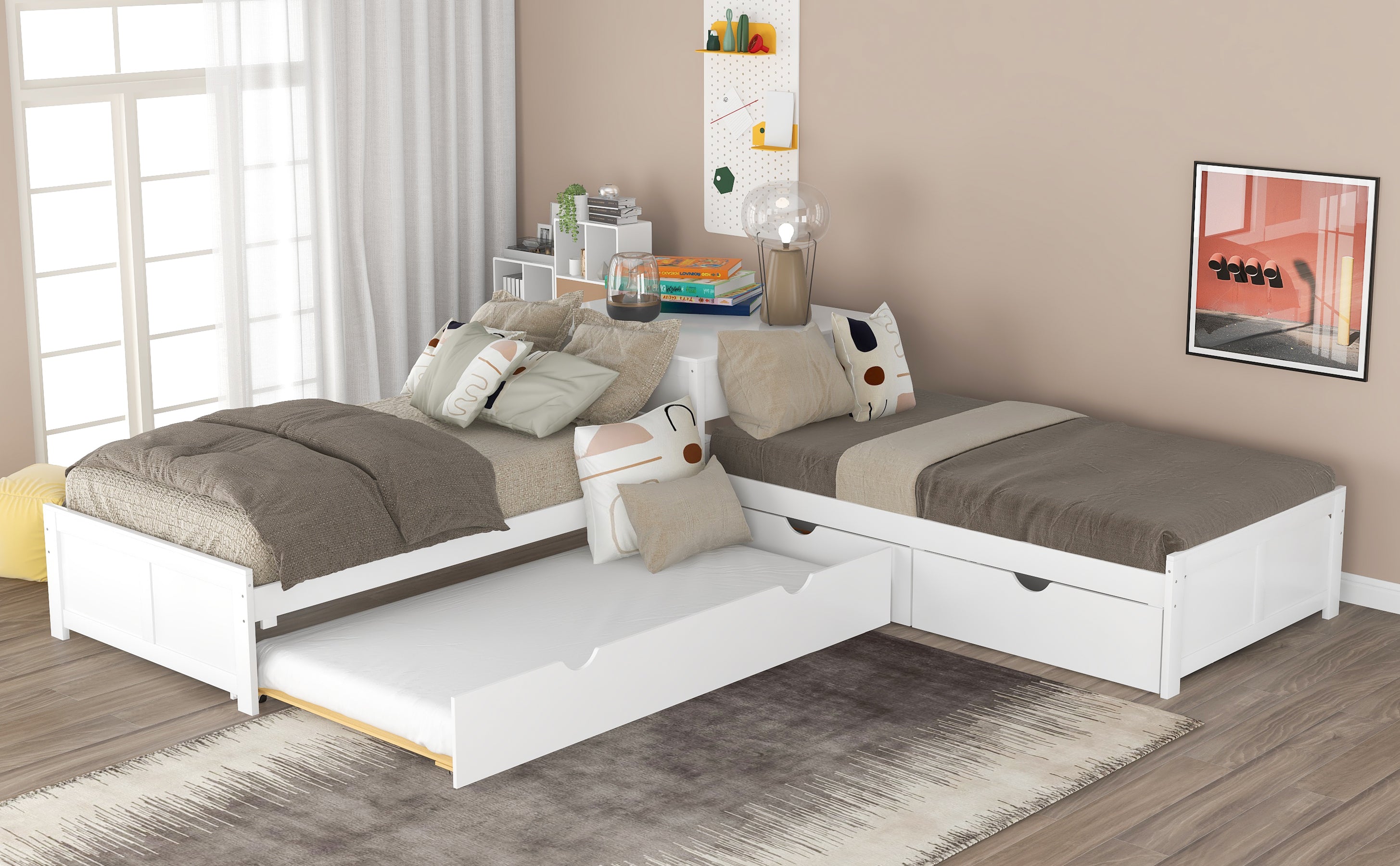L-shaped Platform Bed with Trundle and Built-in Desk