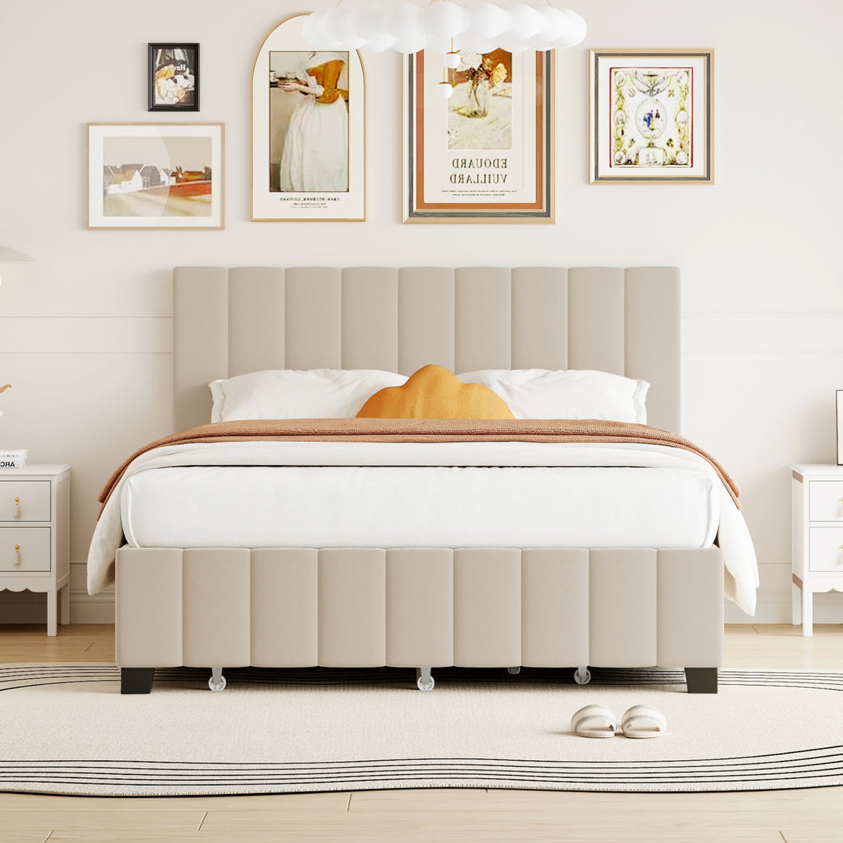 Queen Size Velvet Upholstered Platform Bed with 2 Drawers and Trundle