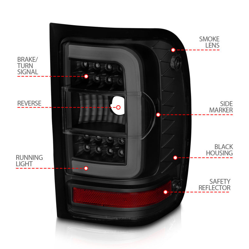 ANZO 01-11 Ford Ranger LED Taillights - Black Housing w/ Smoke Lens & Light Bar 311391