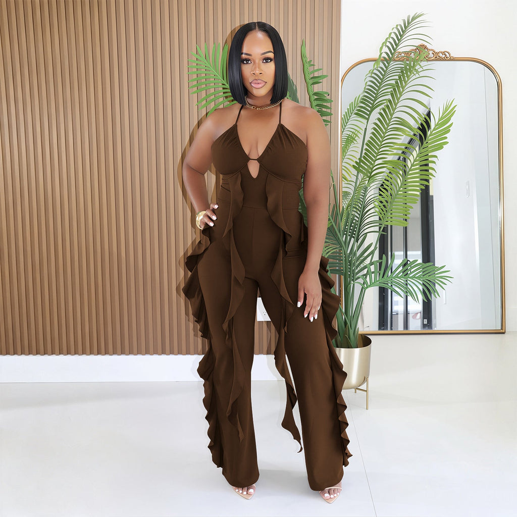 C7836 Cross-border 2026 New Women's Elegant Neck V-neck Ruffled High Waist Slimming Wide Leg Party Jumpsuit
