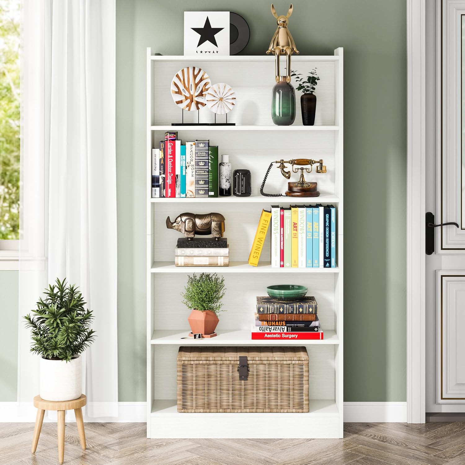 70.87" 6-Tier Modern White Library Bookshelf