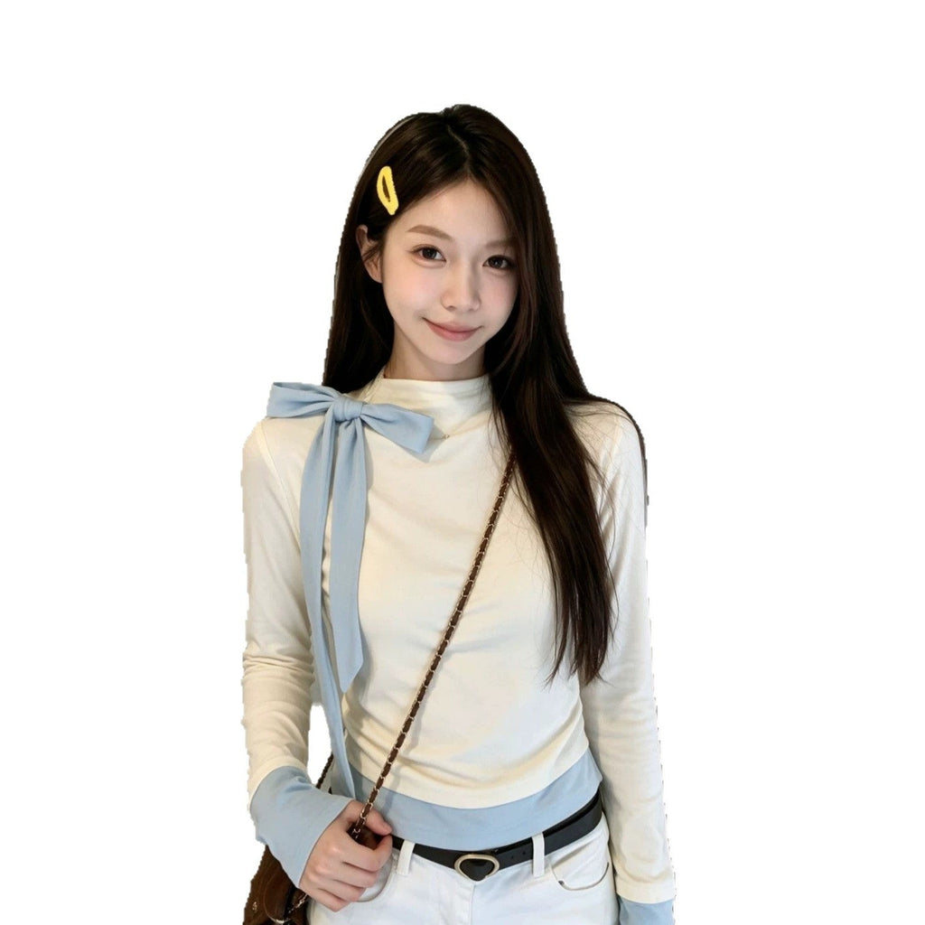 Light Blue Long-sleeved Blouse With A Bow For Women