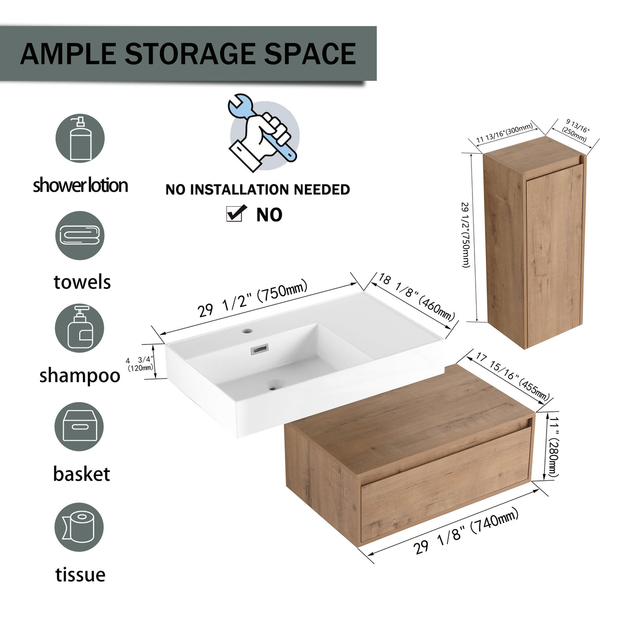 30 Inch Wall-Mounted Bathroom Vanity with Resin Sink and Side Cabinet