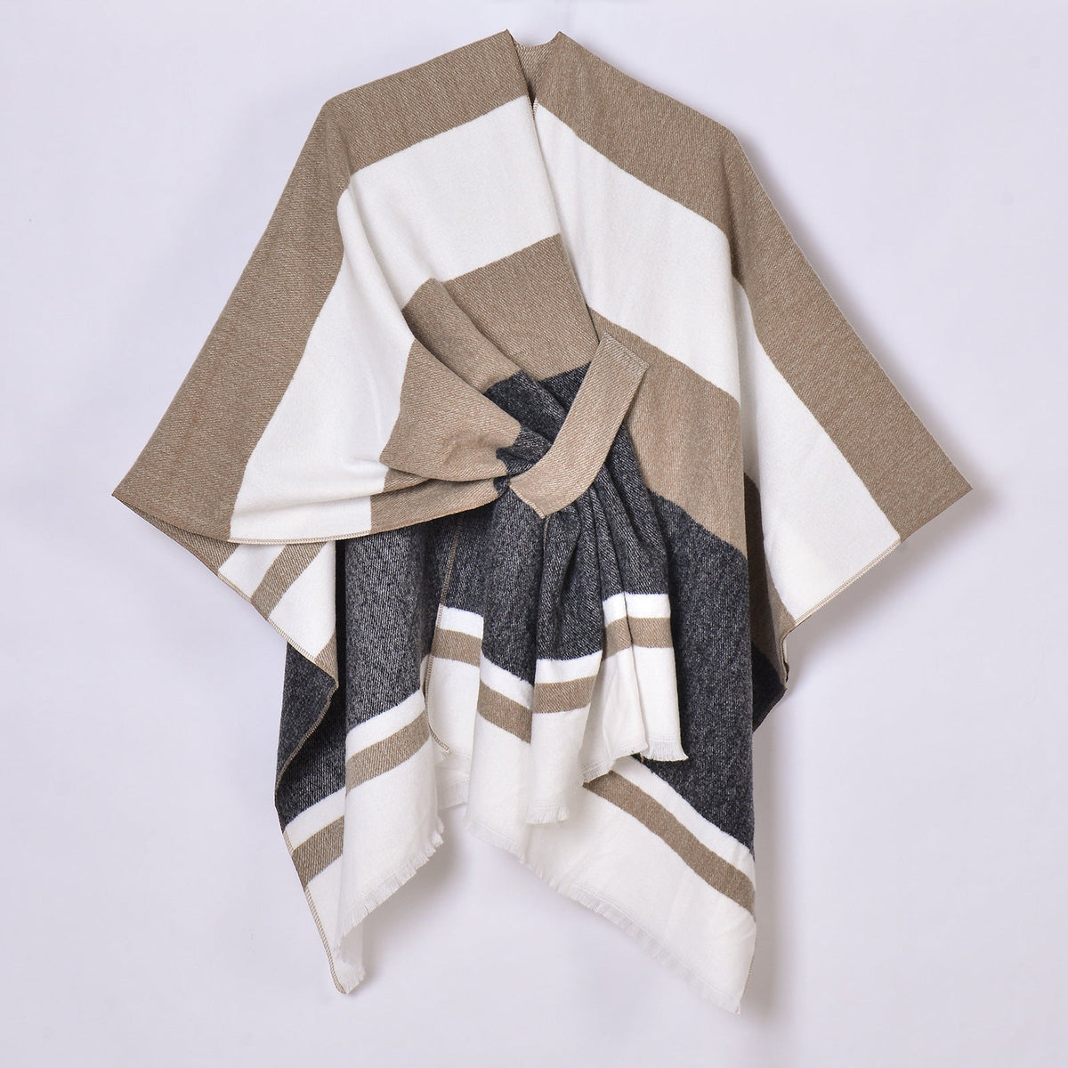 Womens Striped Tassel Cross-Strap Warm Cape Shawl