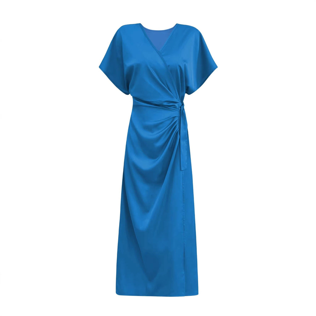 Independent Site European And American Cross-border Satin V-neck Tea Dress Elegant And Stylish With Tie Waist Women's Dress