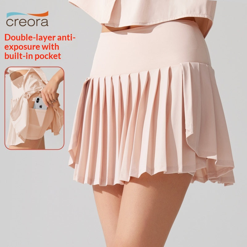 New Pleated Sports Skirt High Waist Lined Pocket Anti-running Badminton Skirt Built-in Yoga Running Tennis Skirt