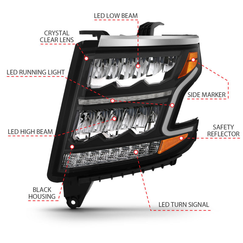 ANZO 15-20 Chevy Tahoe/Suburban LED Light Bar Style Headlights Black w/Sequential w/DRL w/Amber 111478