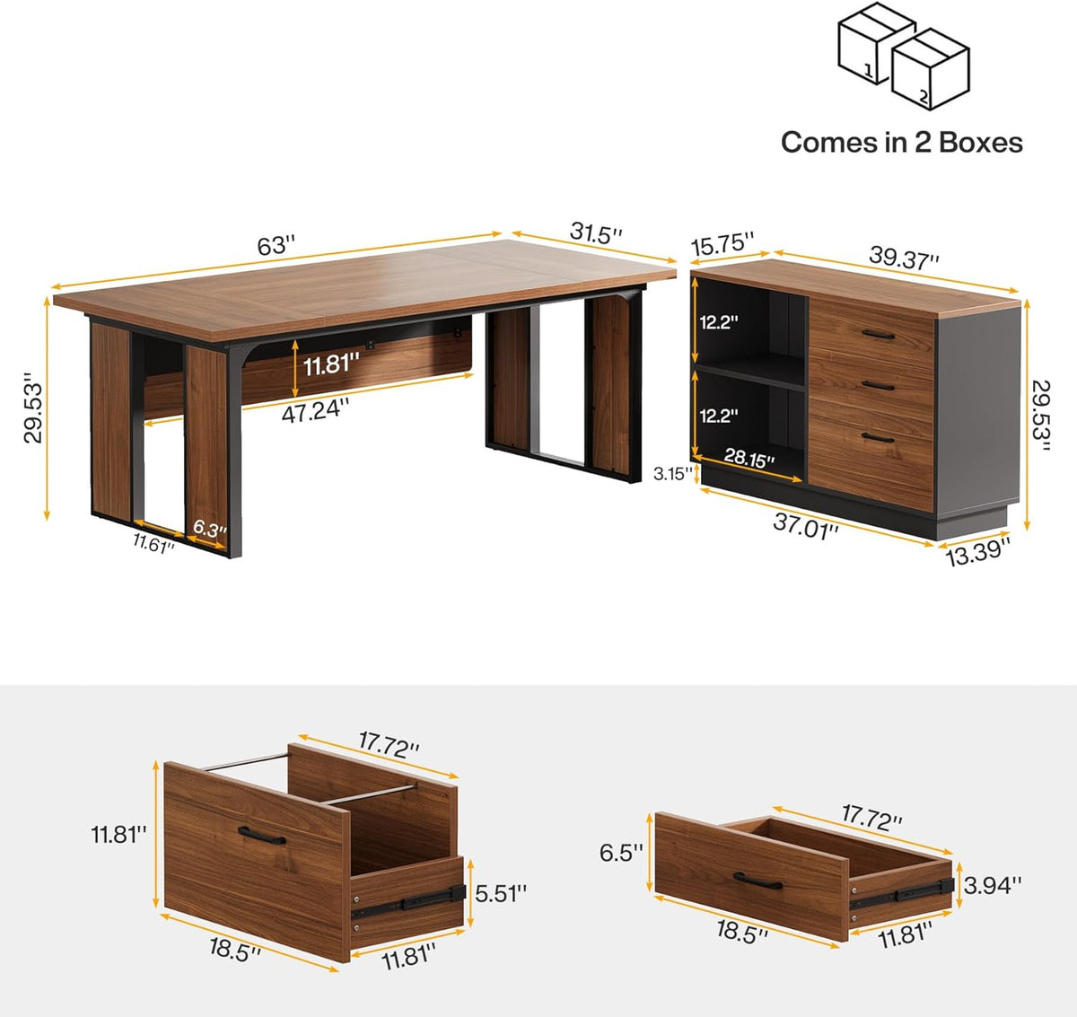 63-Inch L-Shaped Executive Desk with 47-Inch File Cabinet