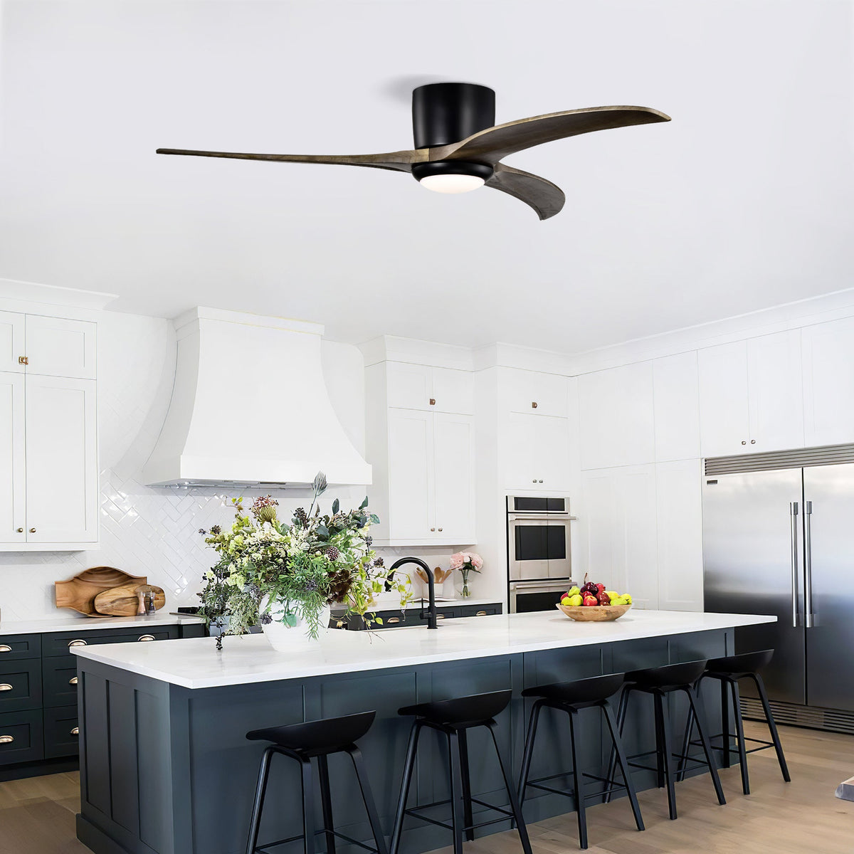 52" Flush Mount Solid Wood Blades Ceiling Fan with Lights