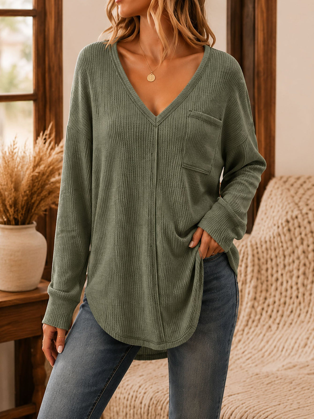 Anuo New Arrival Autumn Winter Fashion Casual Loose V Neck Waffle Knit Top