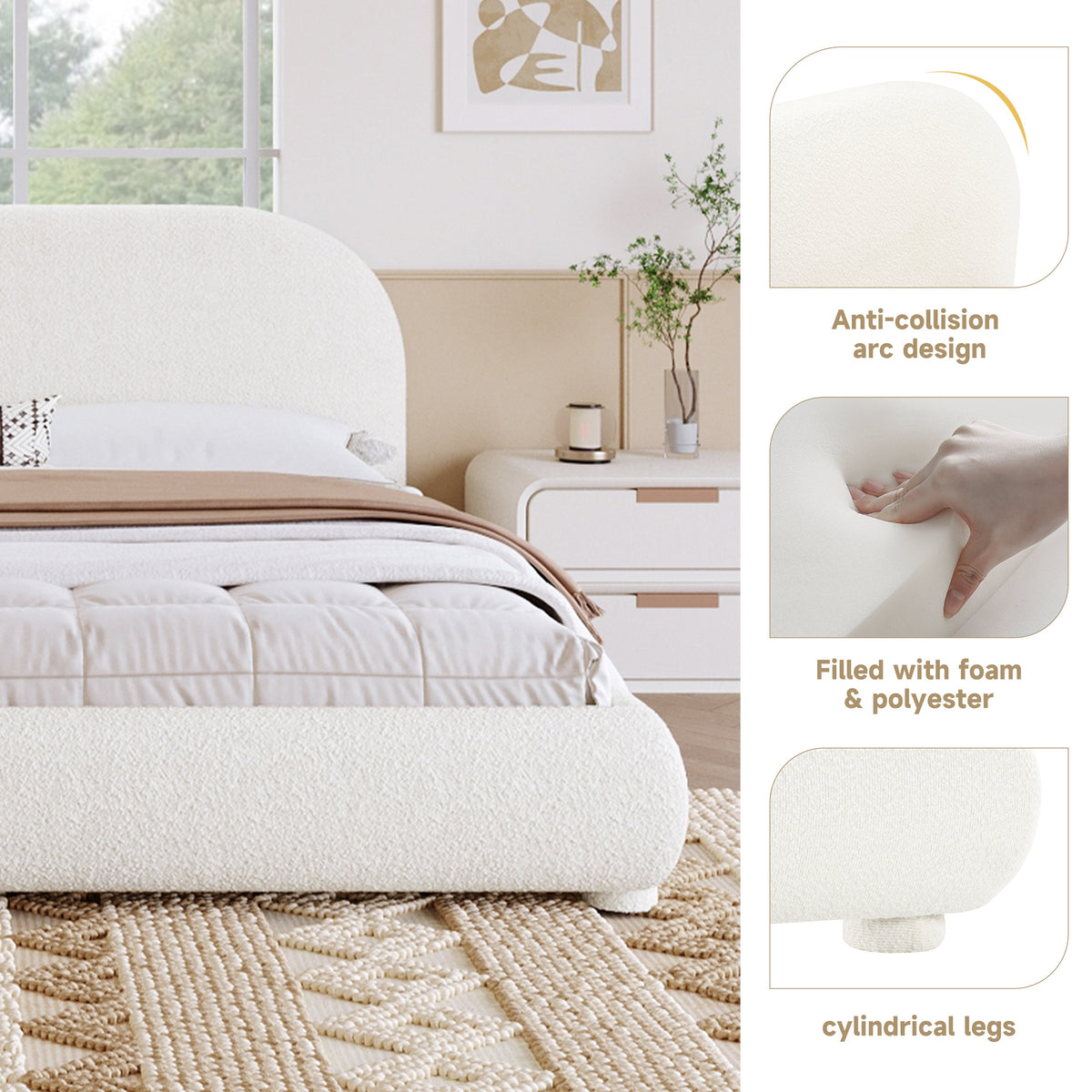 Cream Style Fabric Upholstered King Bed