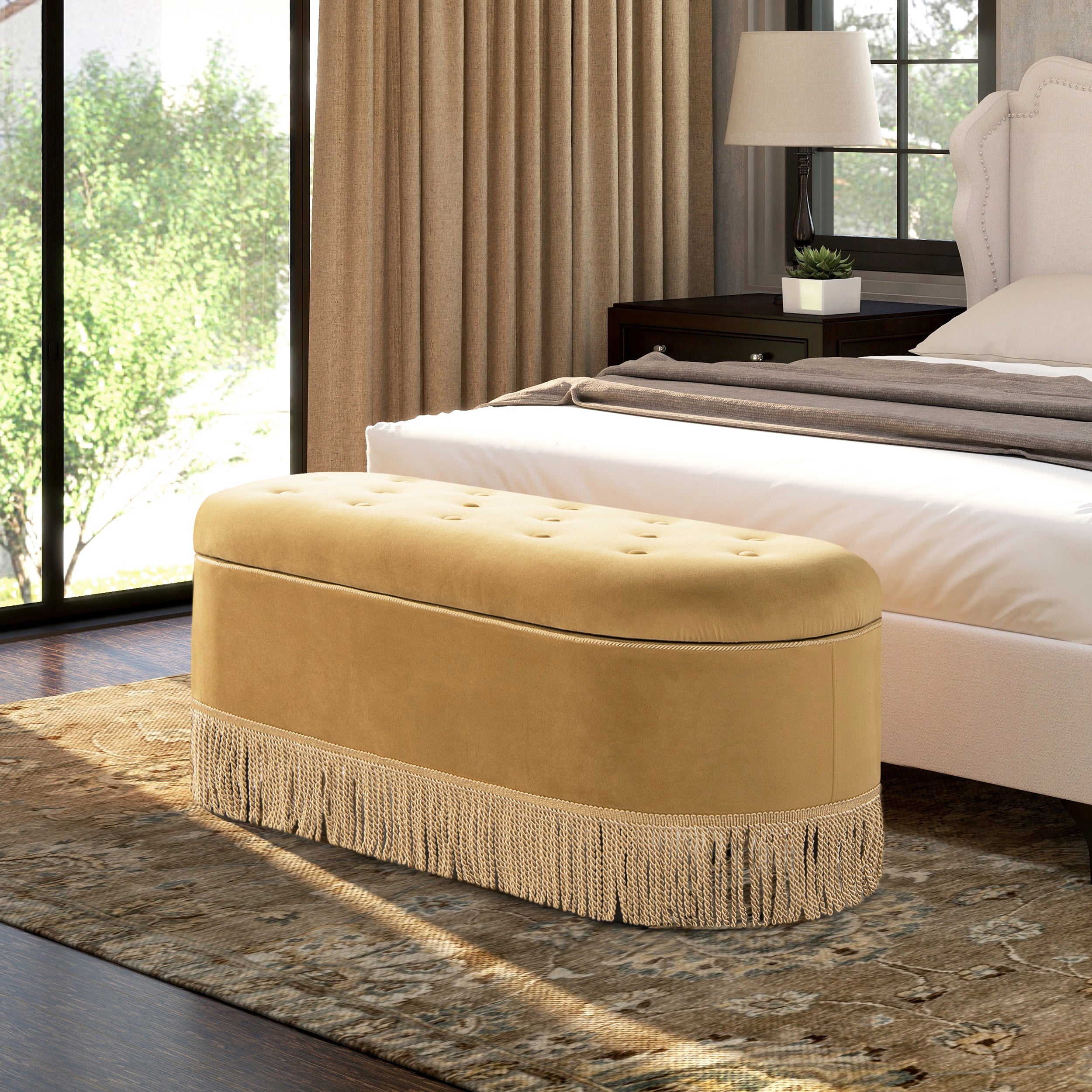 Melinda 48.5" Oval Tufted Bullion Fringe Storage Bench