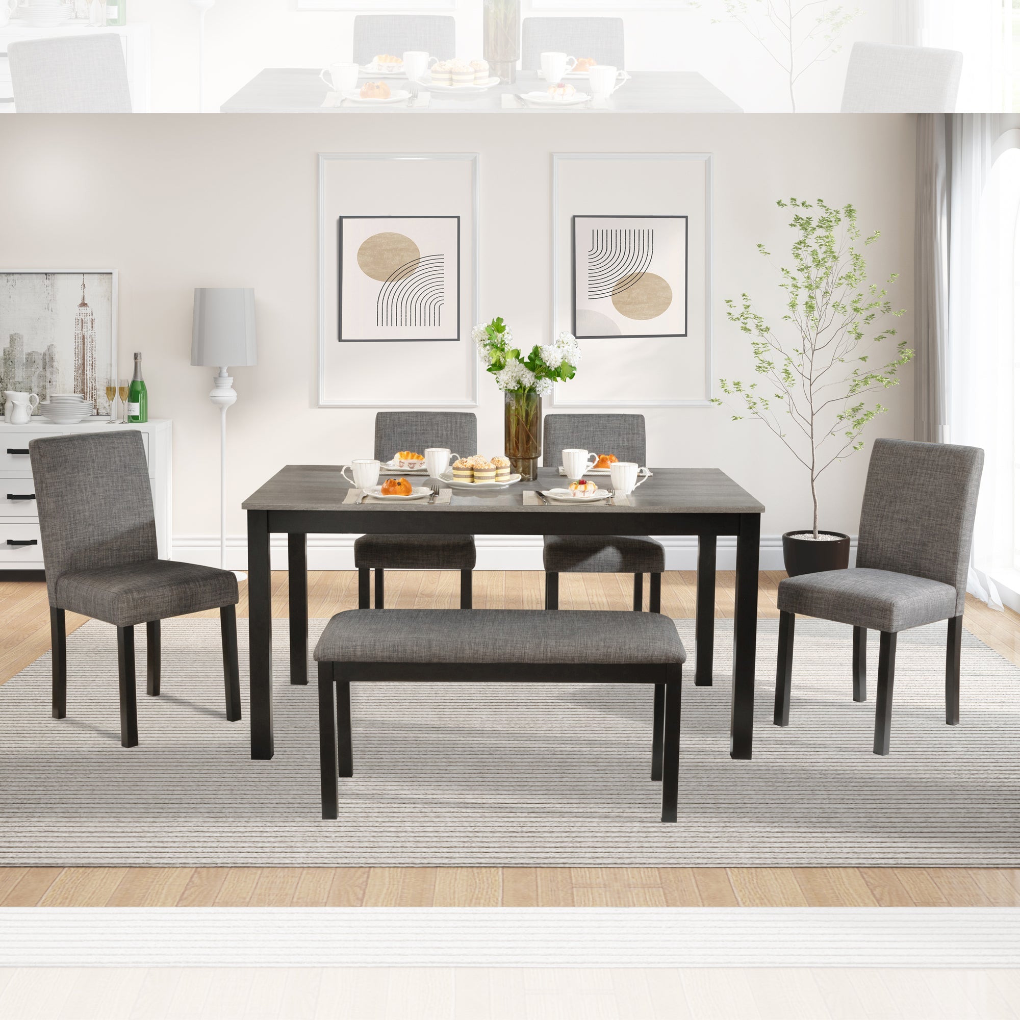 6-Piece Dining Table Set with Bench and Chairs