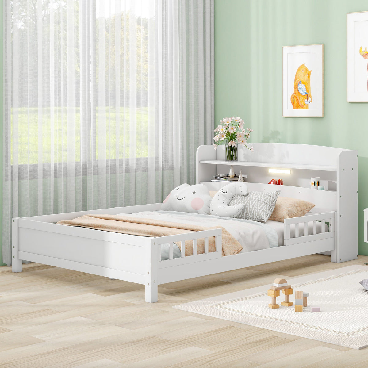 Wood Full Size Platform Bed with Built-in LED Light