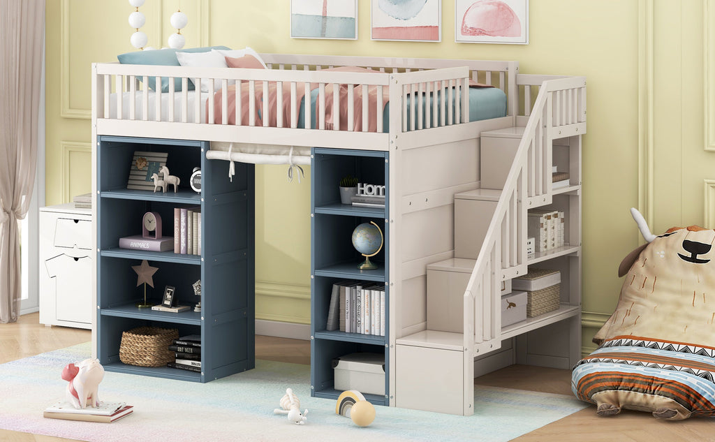 Full Size Loft Bed with 2 Four-layer Storage Cabinets and Curtain