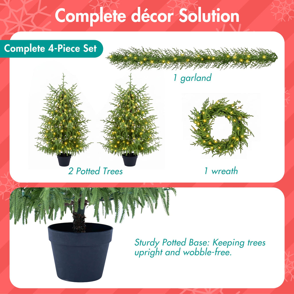 4-Piece Christmas Tree Set – 2 Trees, Wreath, and Garland