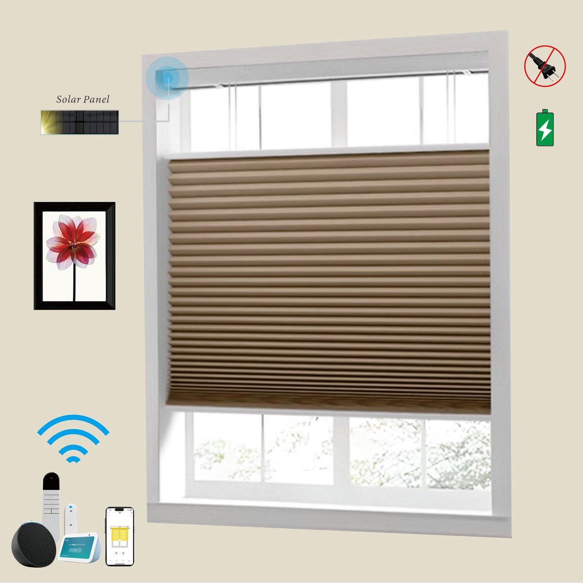 Raised Flag Day-Night Shade With Remote Control And Solar Panel-Full Blackout Motorized Shades For Home And Office-Cordless Organ Shade-Cordless Cellular Shade-Khaki