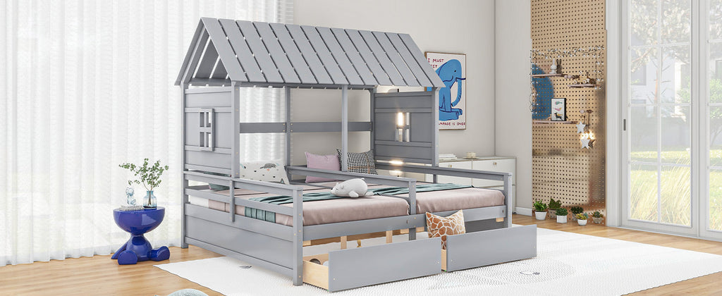 Twin Size House Platform Beds with Storage Drawers
