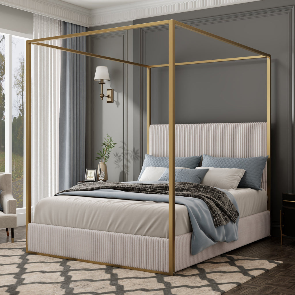 Modern Luxury Metal Canopy Bed with Tall Corduroy Upholstered Headboard