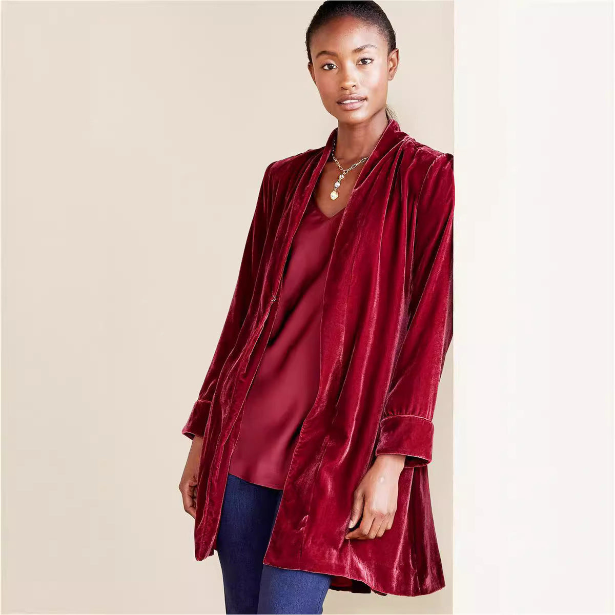 Solid-color Street-style Velvet Long Blazer