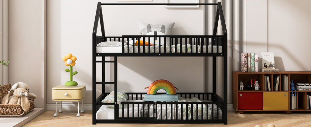 Metal Twin Over Twin House Bunk Bed With Fence And Door