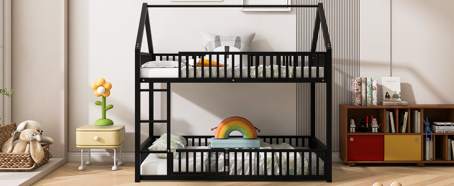 Metal Twin Over Twin House Bunk Bed With Fence And Door