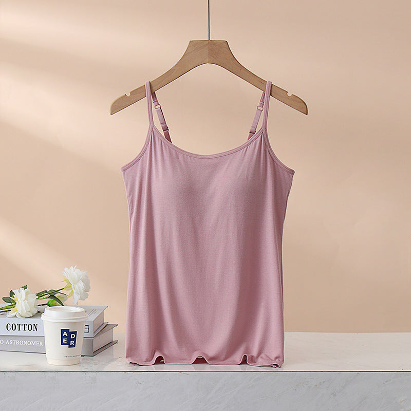 Women's Padded Vest Bra, Built-in Bra Tank Top, Slim Fit, Flattering Modal Underwear For Summer-bean Powder